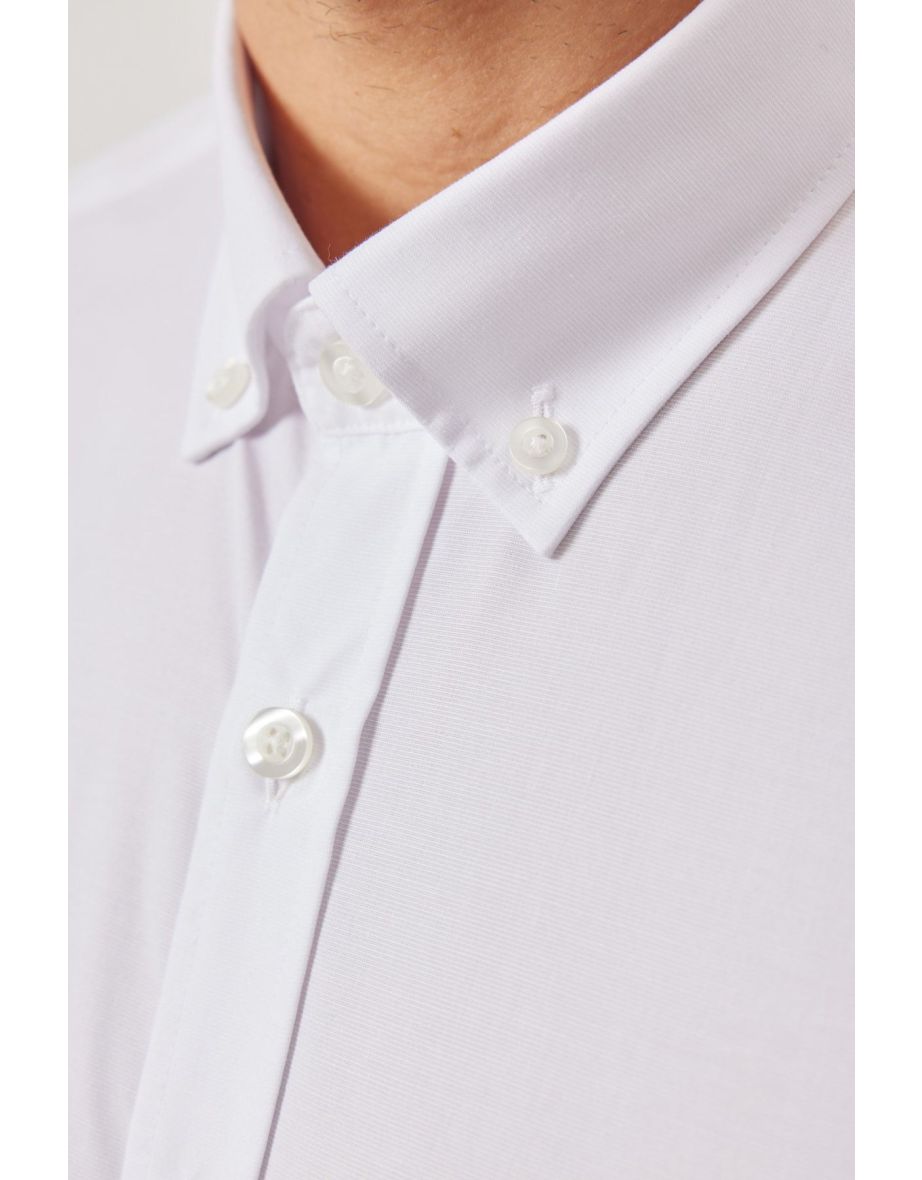 Men's White Slim Fit Narrow Cut Button Collar Patterned Shirt - 4