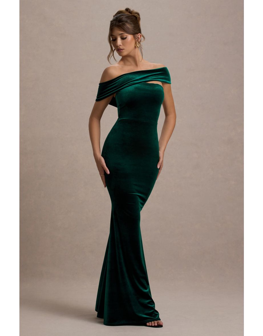 Candela | Bottle Green Velvet Asymmetric Bardot Maxi Dress
