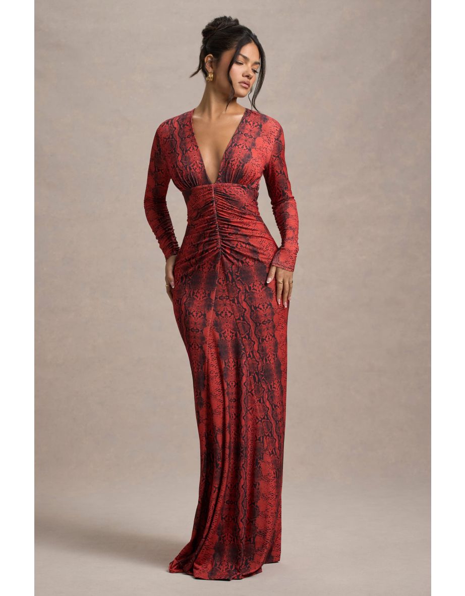 Mamba | Red Snake Print Plunge-Neck Long-Sleeve Maxi Dress
