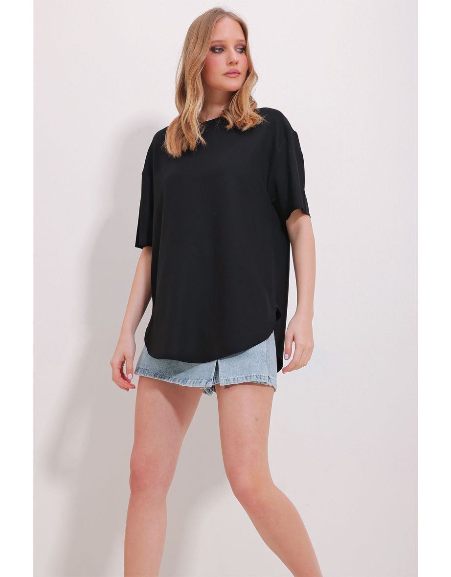 Women's Black Crew Neck Oval Cut Modal T-Shirt