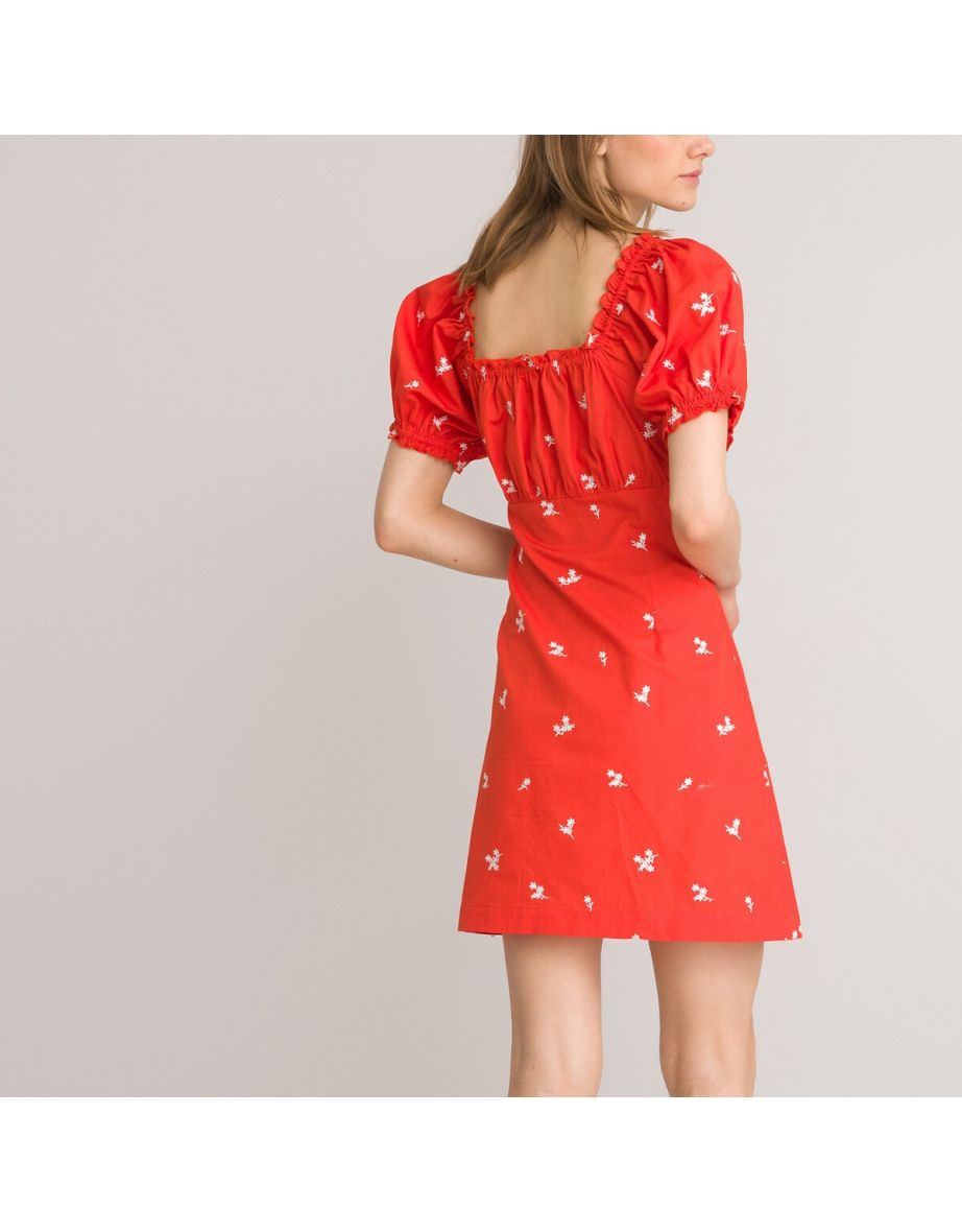 Cotton Poplin Mini Dress with Embroidered Flowers and Puff Sleeves - 4