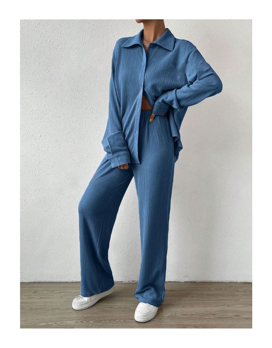 Indigo Blue Crinkle Fabric Shirt Trousers Bustier 3 Piece Set