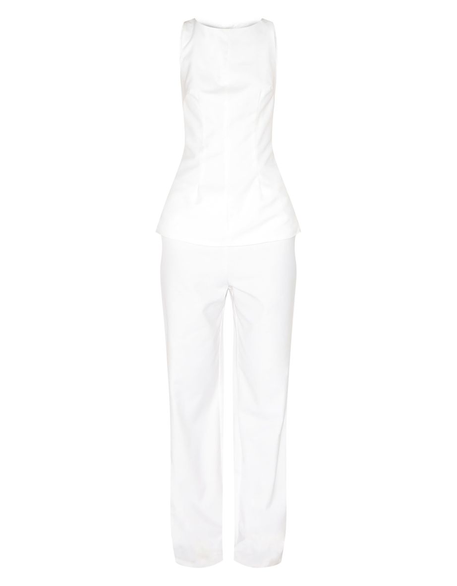 White Tailored Boat Neck Longline Jumpsuit - 4