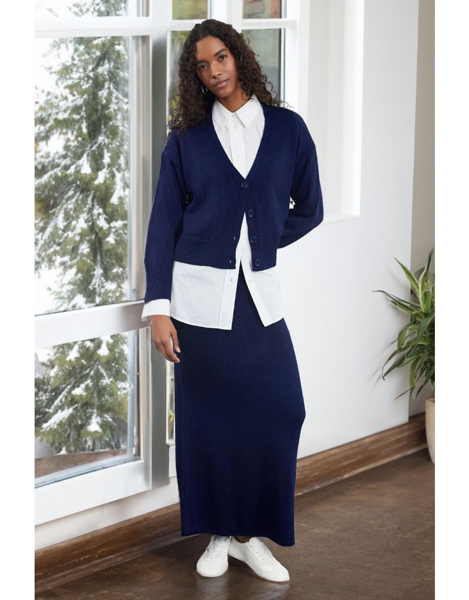 Navy Blue Knitwear Cardigan Skirt Top and Bottom Set