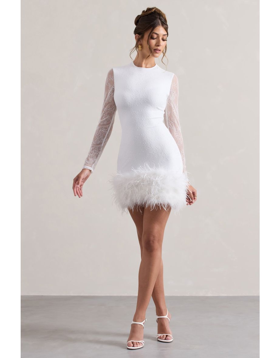 Shop Mariana White Lace Long Sleeve Mini Dress With Feather Trim Online in Bahrain VogaCloset