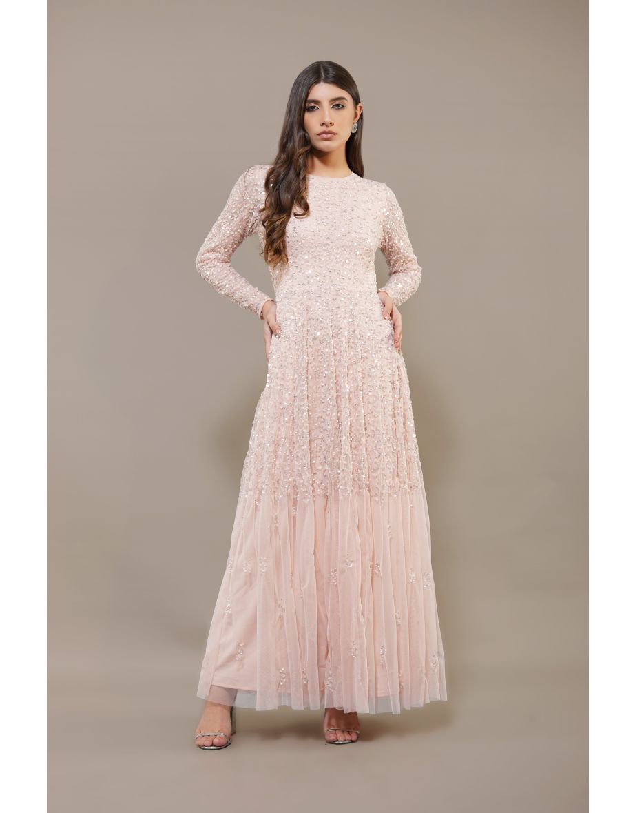 Sila Long Sleeve Embellished Maxi Dress in Blush Pink