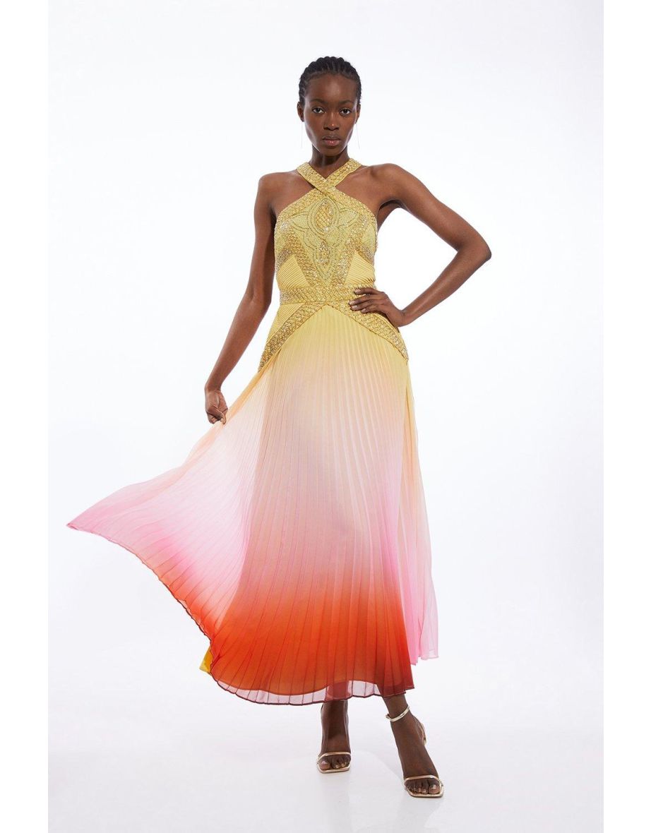 Geo Embellished Ombre Pleated Woven Maxi Dress