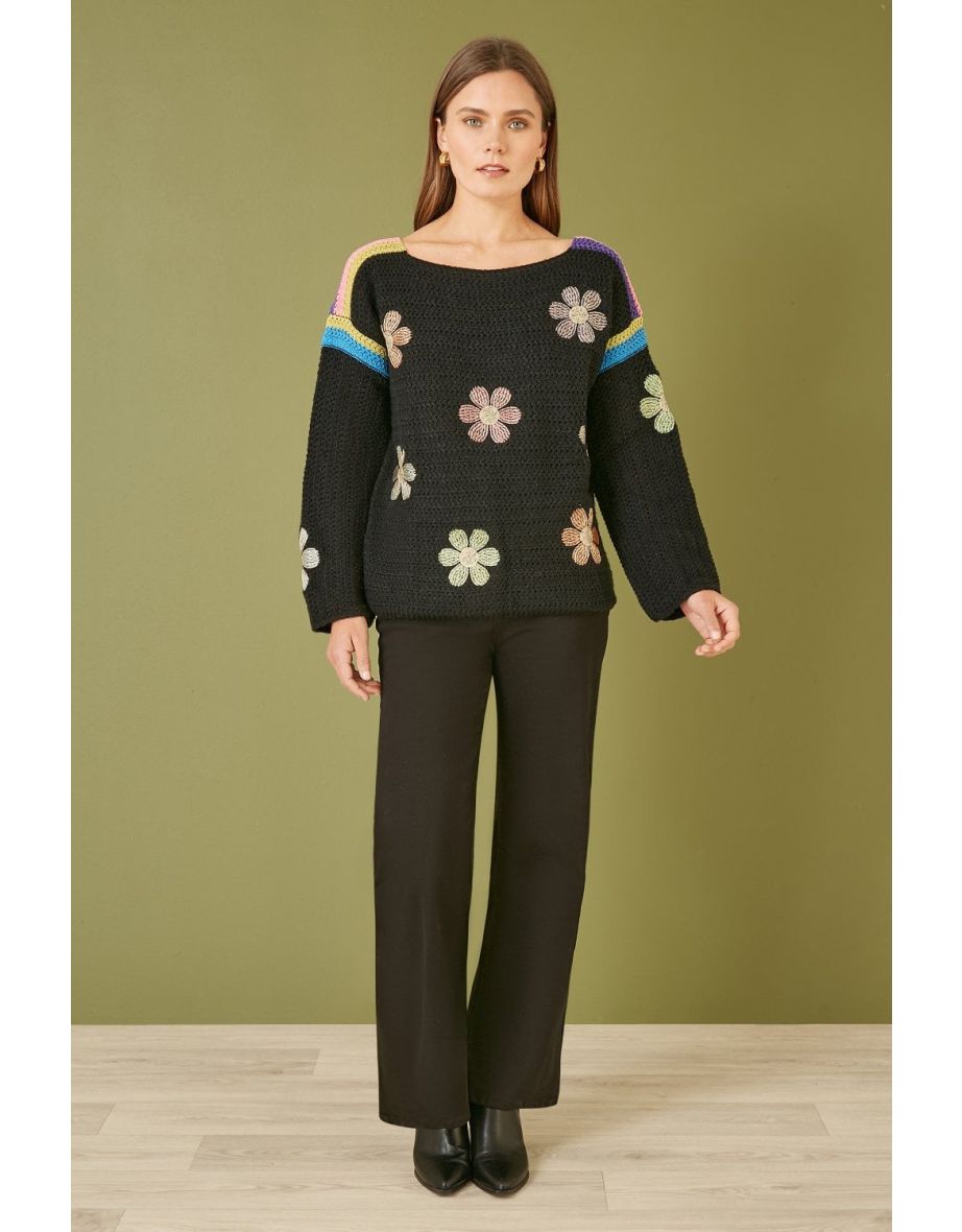 Yumi Black Crochet Flower Jumper
