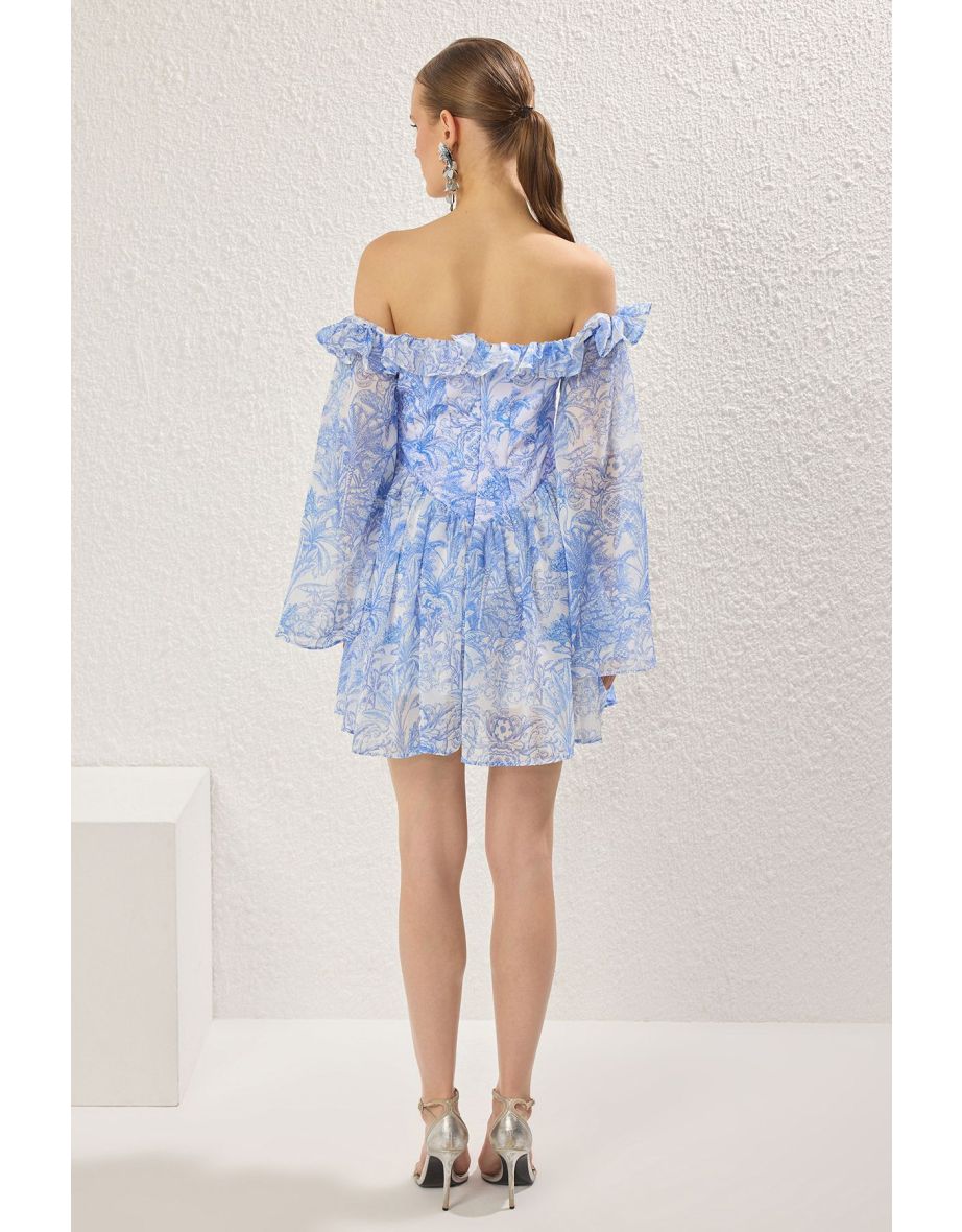 Blue-Multicolored A-Line Lined Flounce Chiffon Woven Short Elegant Dress - 3