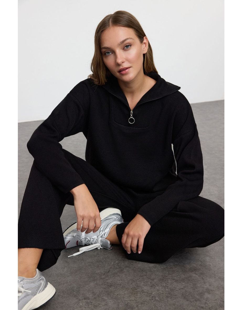 Black Wide Pattern Zippered Knitwear Top-Bottom Set