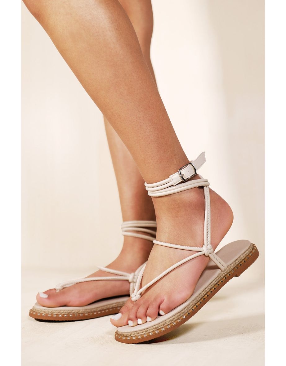 TOE THONG STRAPPY ESPADRILLE SANDALS IN IVORY CREAM FAUX LEATHER