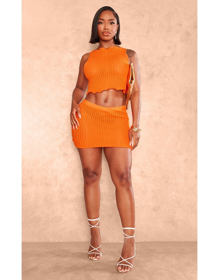 Shape Bright Orange Textured Sheer Mini Skirt