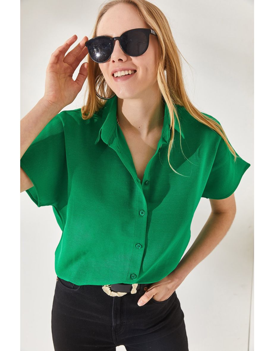 Women's Grass Green Bat Oversized Linen Shirt