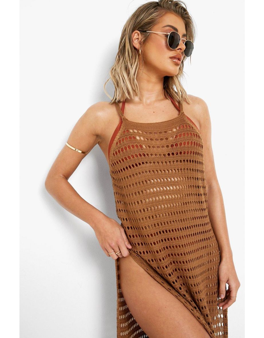 Crochet Split Sides Beach Maxi Dress - mocha - 3