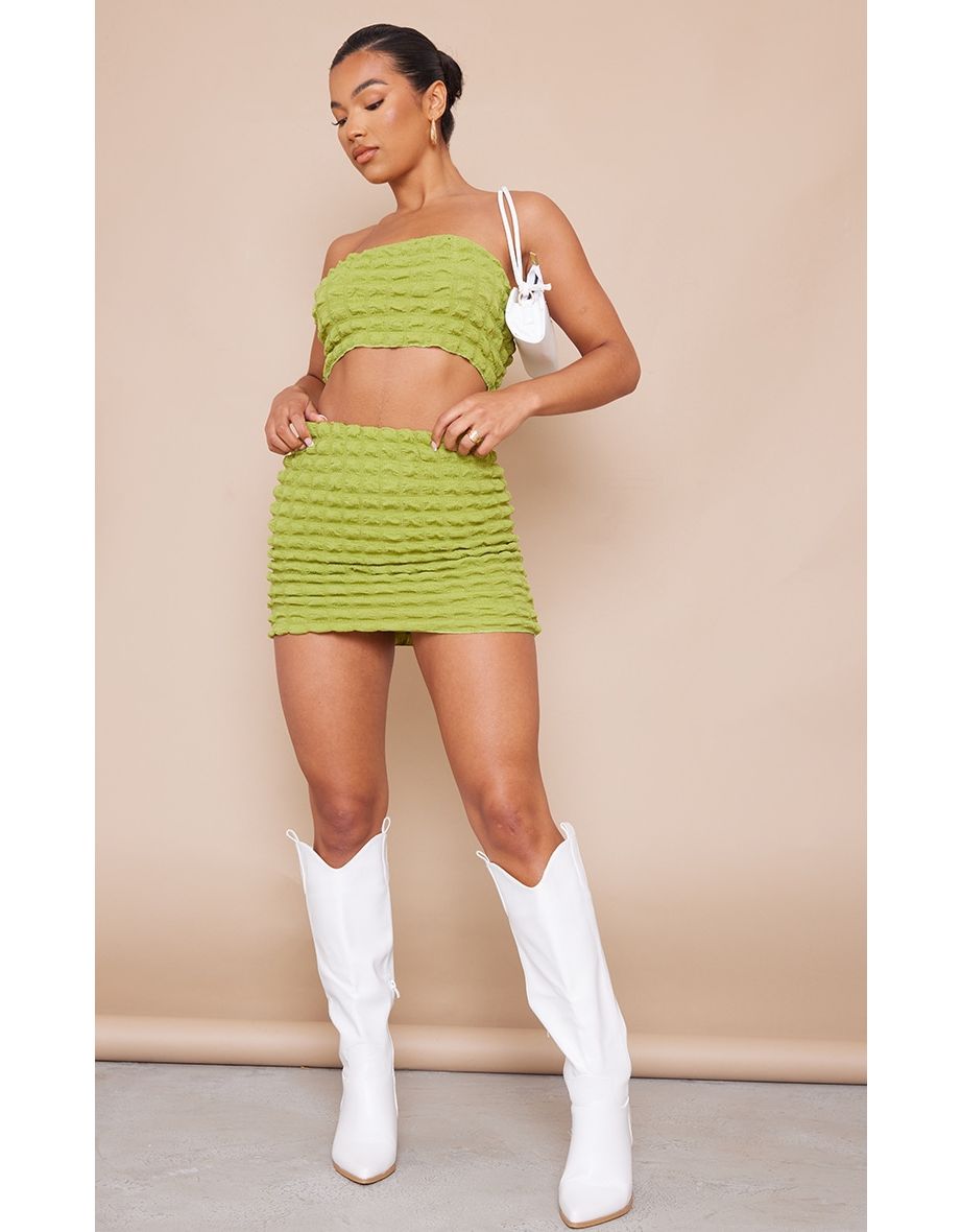 Olive Bubble Textured Low Rise Micro Mini Skirt