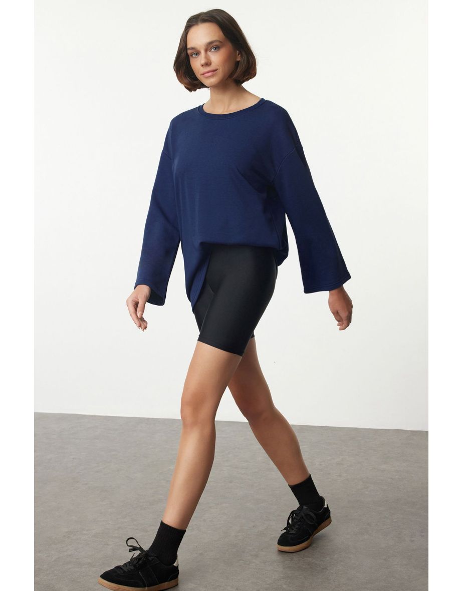 Navy Blue Crew Neck Oversize/Wide Fit Spanish Sleeve Knitted Sweatshirt
