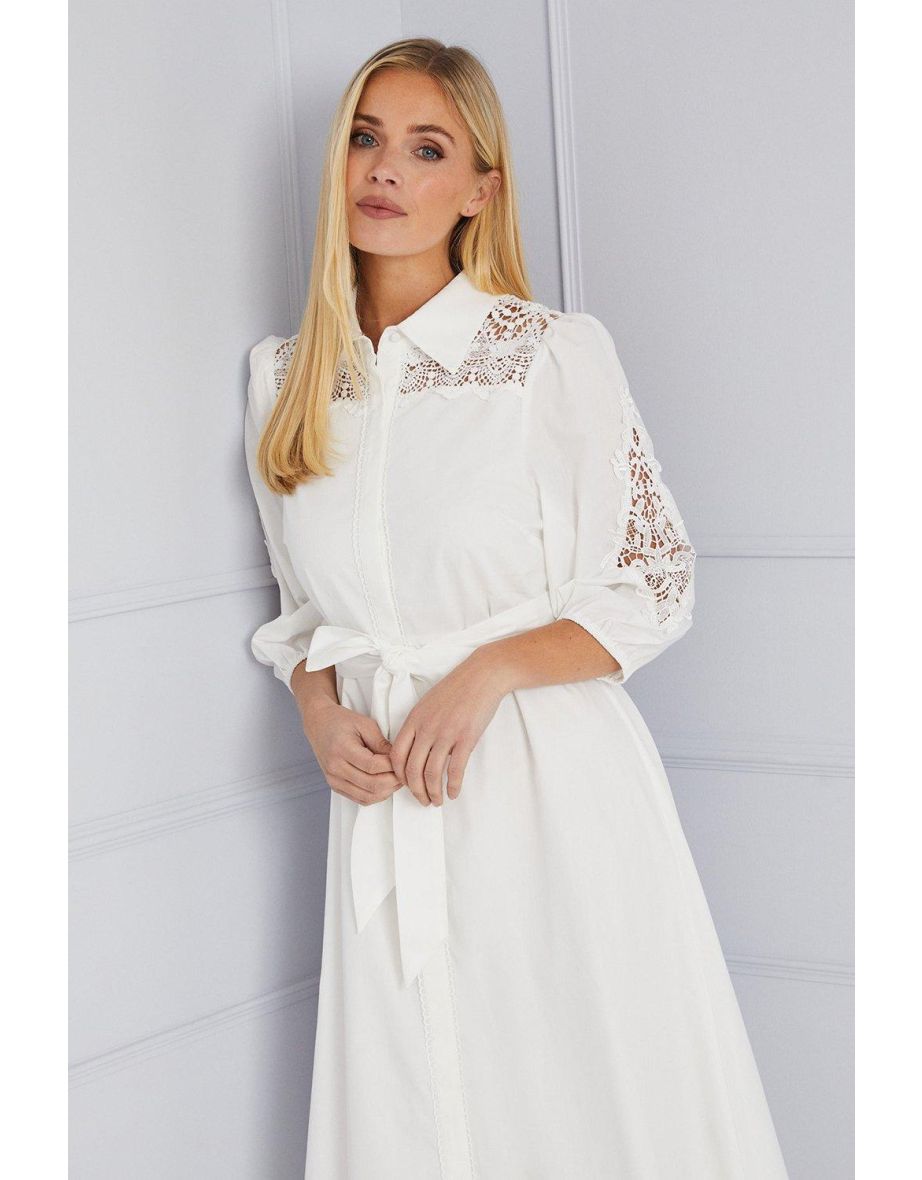 Petite Occasion Cotton Cutwork Detail Shirt Dress - 3