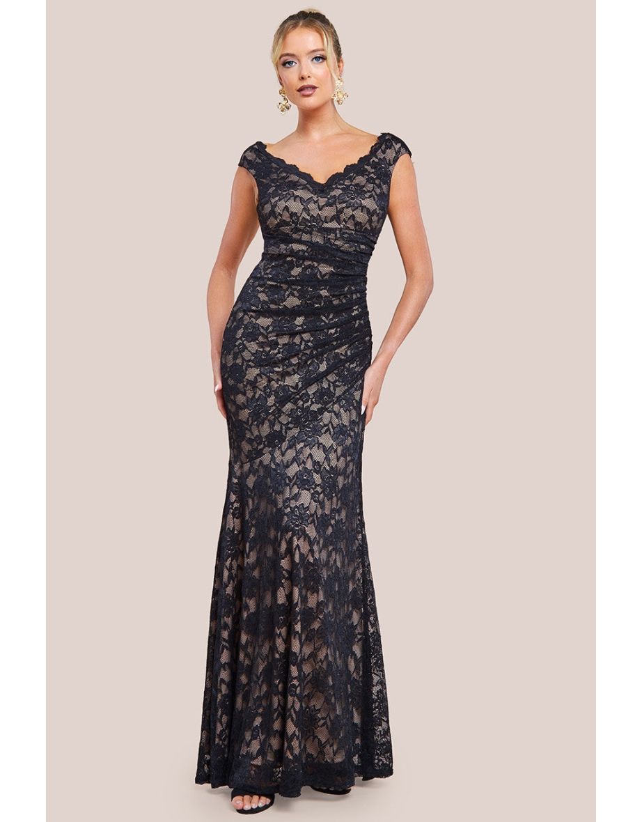 Goddiva Off The Shoulder Scalloped Neck Maxi Dress - Black