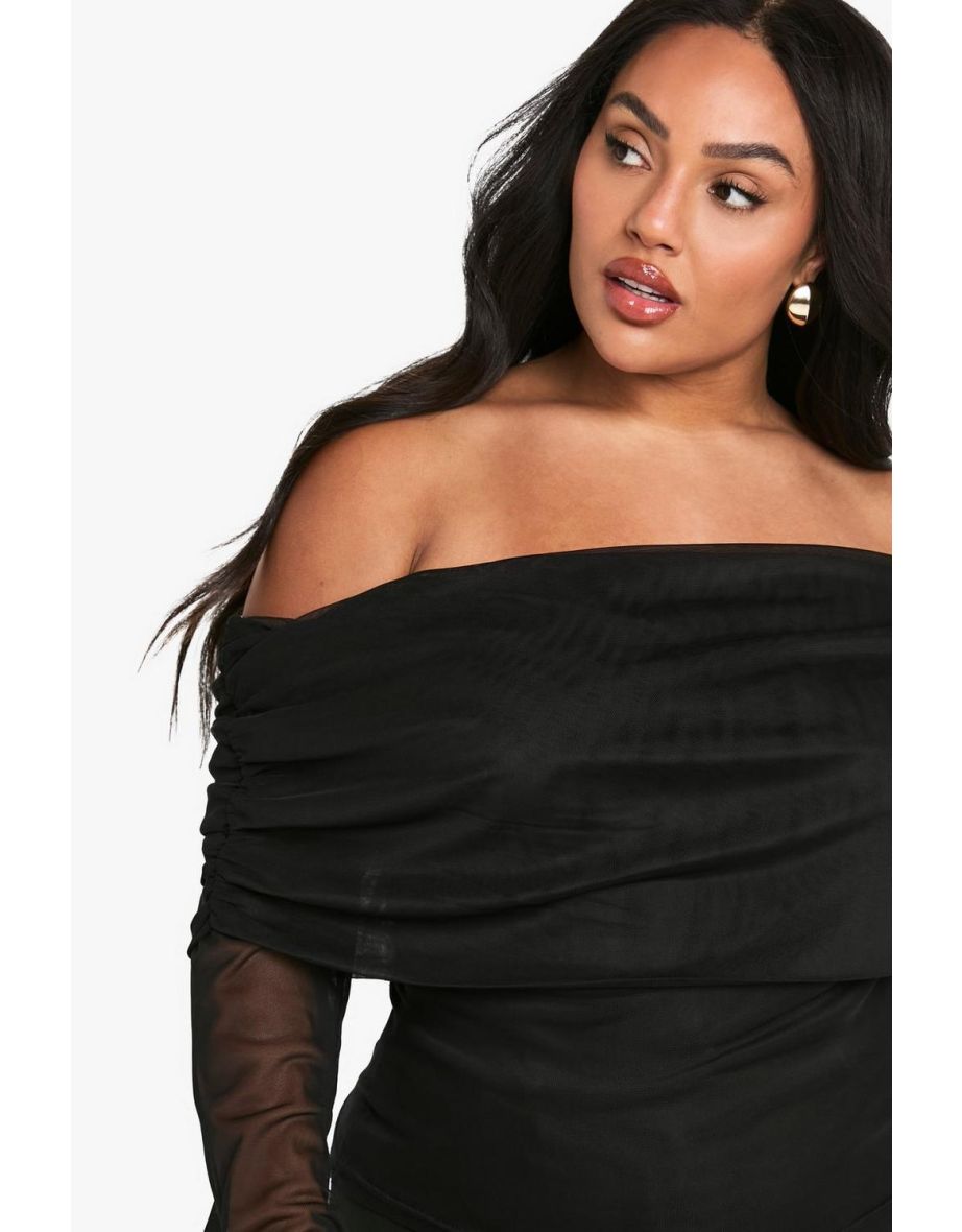 PLUS MESH BARDOT LONG SLEEVE TOP - black - 3