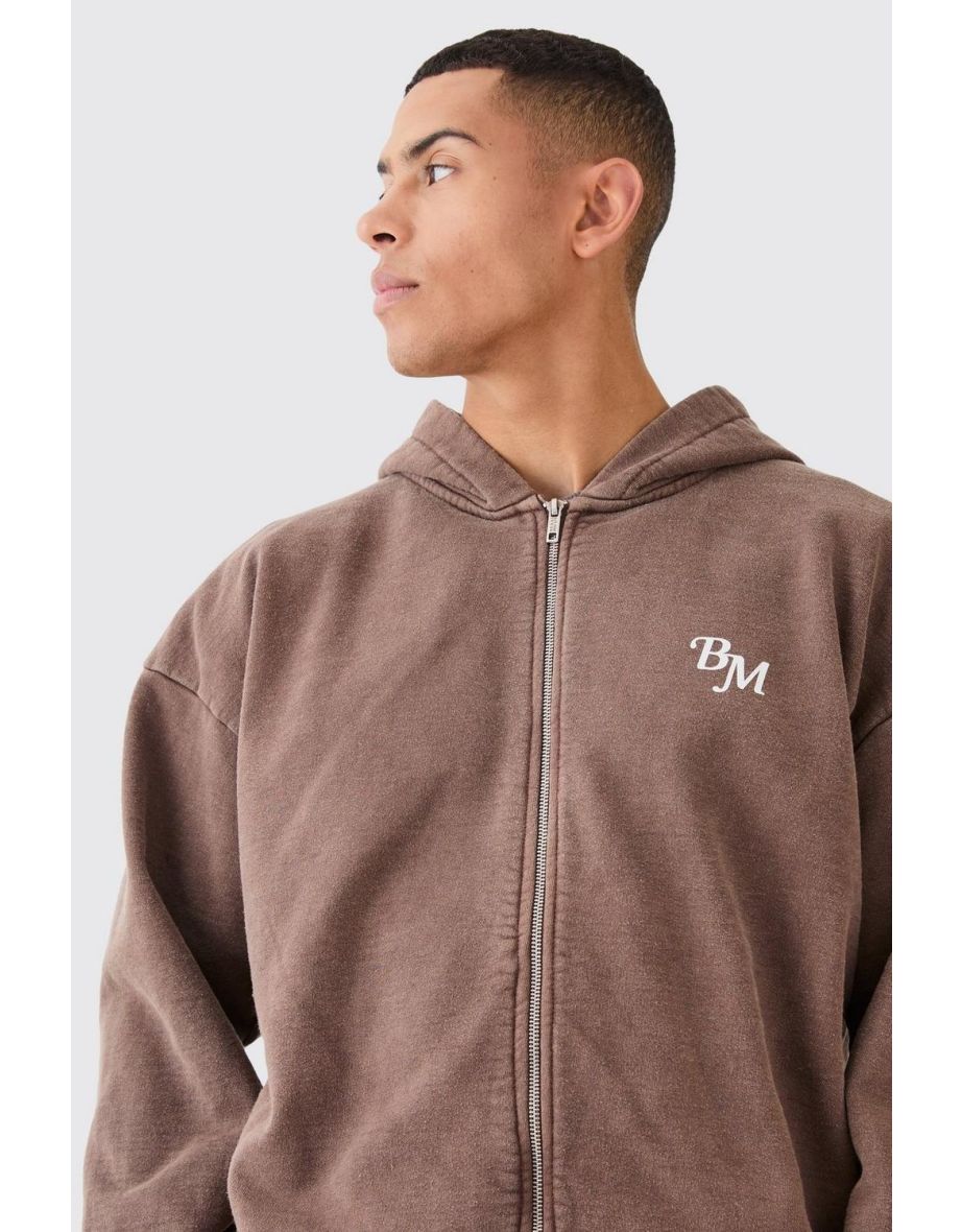 Oversized Heavyweight Overdye Bm  Zip Through Hoodie - brown - 2