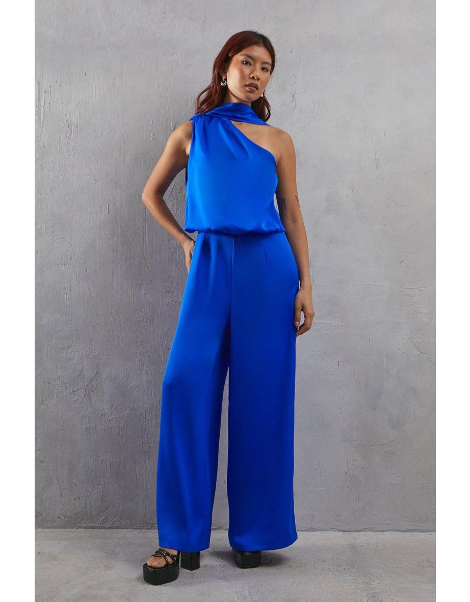 One Shoulder Drop Waist Satin Wide Leg Jumpsuit