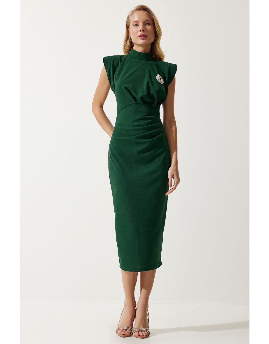 Women's Emerald Green Stylish Brooch Gathered Wrap Knitted Dress
