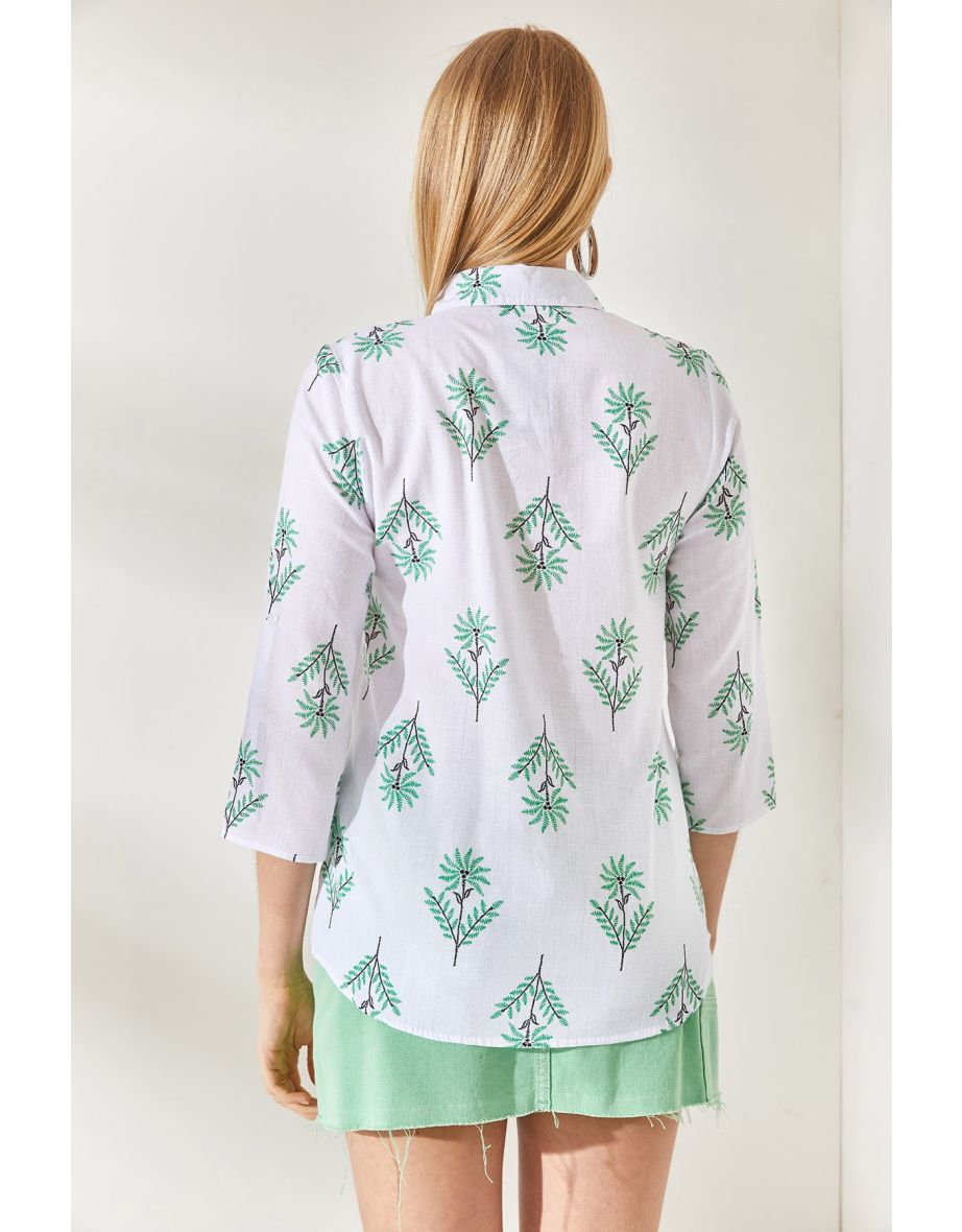 Wind Rose Green Folded Sleeve Linen Shirt - 5