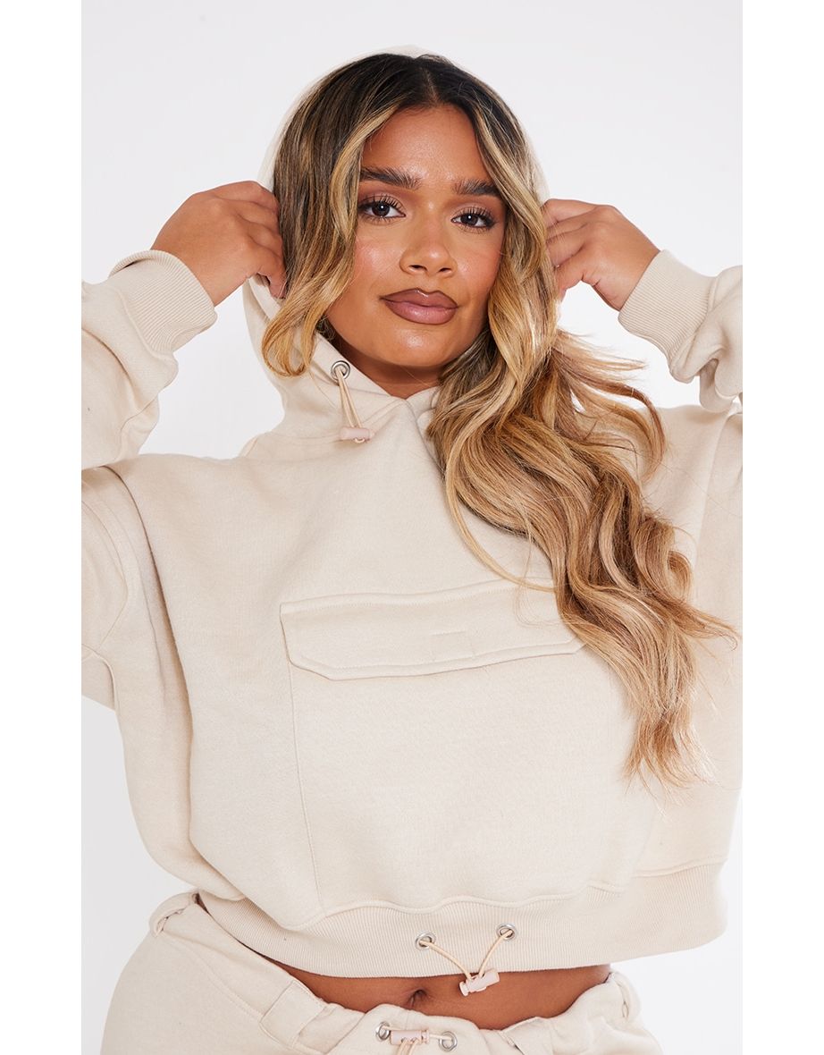 Shape Oatmeal Toggle Waist Pocket Front Cropped Hoodie