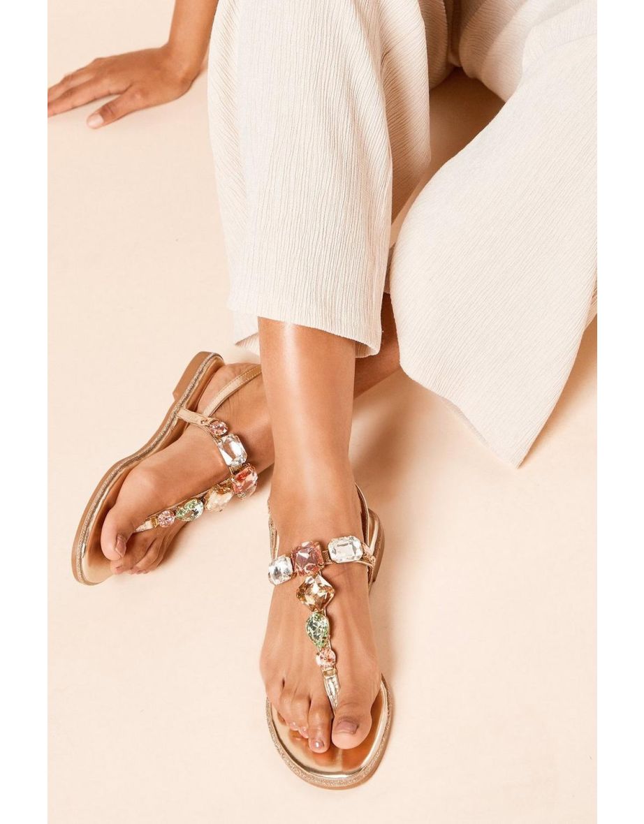 Finn Faux Metallic Leather Embellished Toe Post Flat Sandals