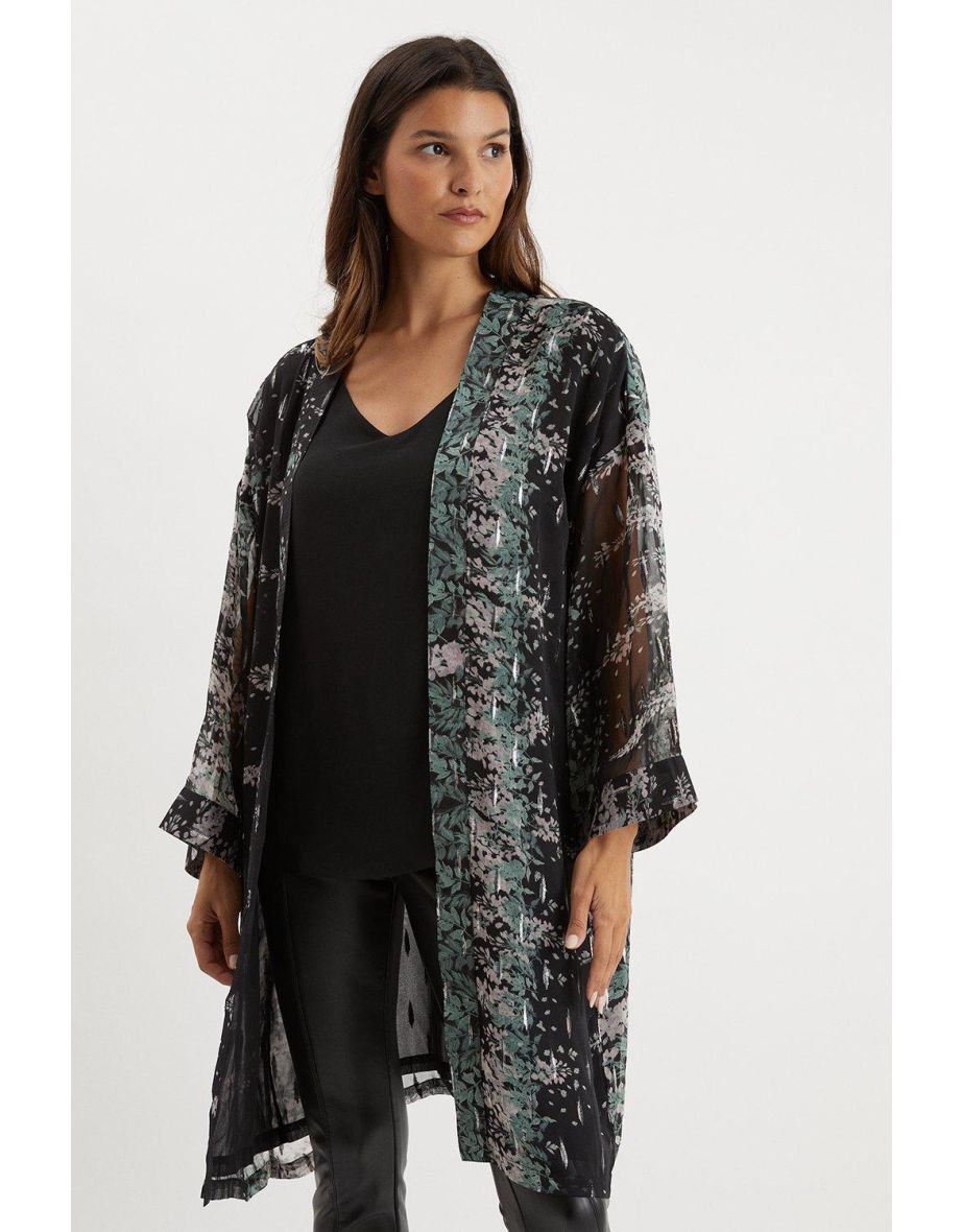 Black Floral Longline Print Kimono