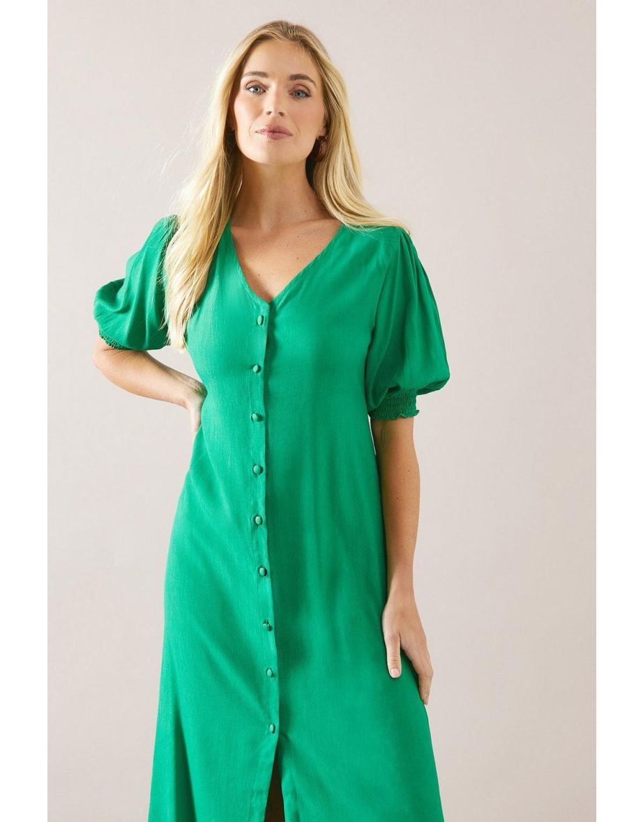 Petite Green Button Through Viscose Midi Dress - 3