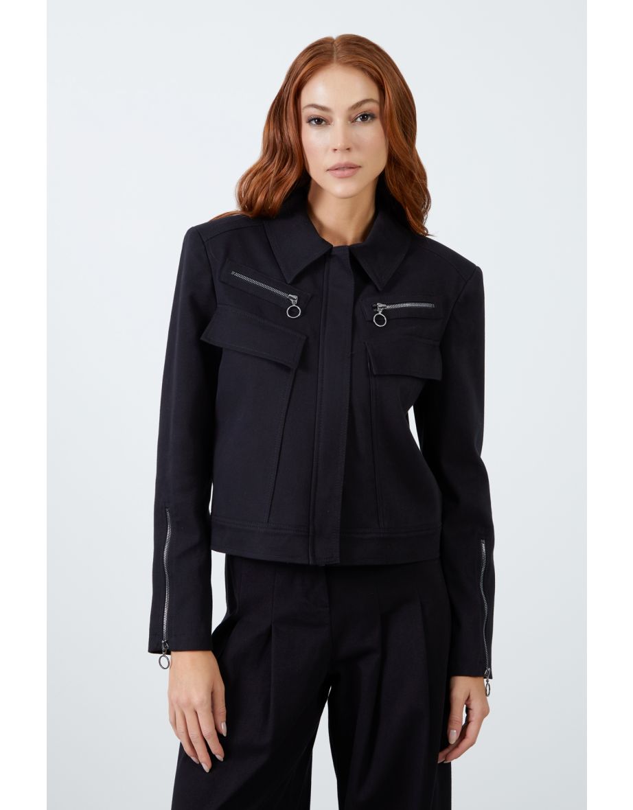 Black Sport Jacket with Pocket and Zipper Detail