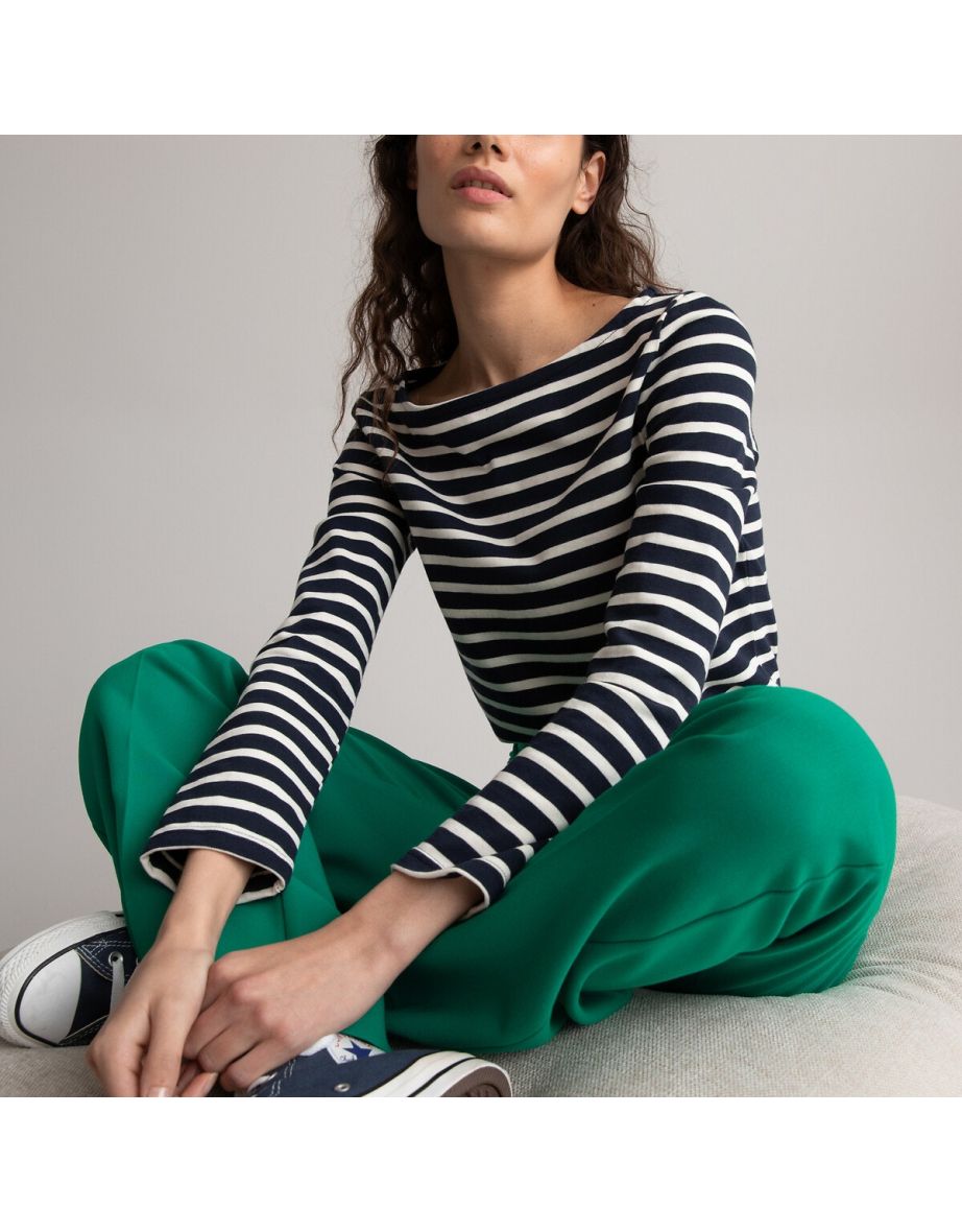 Breton Striped Cotton T-Shirt with Boat Neck and Long Sleeves
