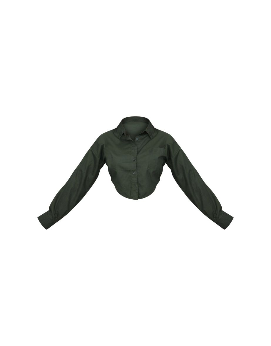 Sea Green Cotton Dip Hem Pocket Crop Shirt - 4
