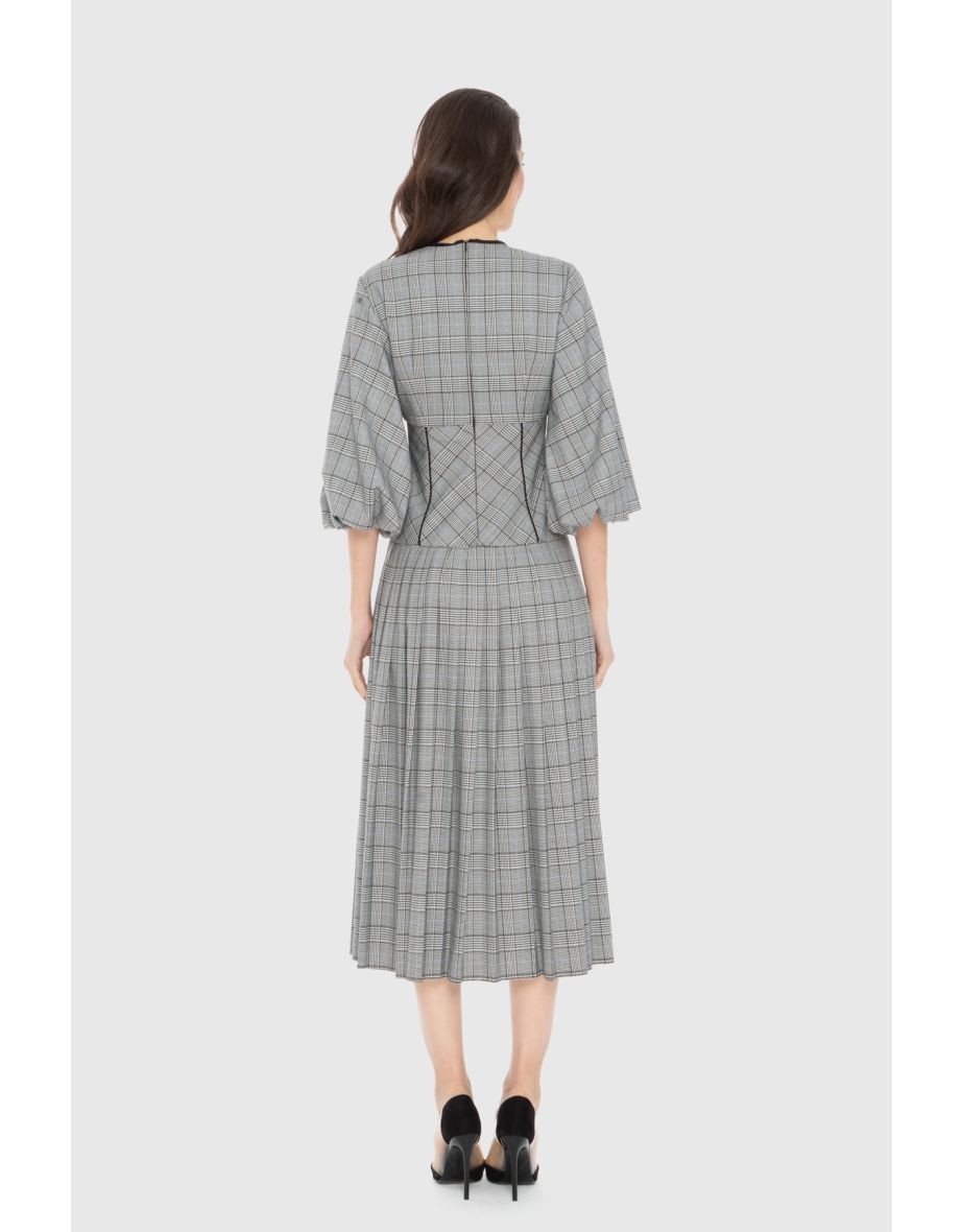 Pleated Corset Look Gray Midi Plaid Dress - 2