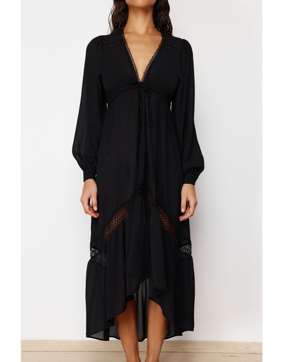 Black Tropical Patterned Maxi Chiffon Kimono & Kaftan with Woven Ribbon Accessories - 8