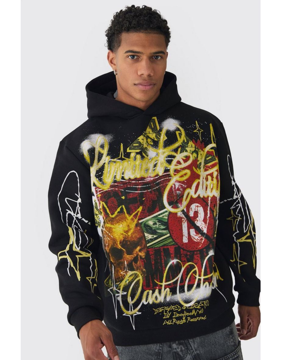 Oversized Graffiti Slogan Over Seams Graphic Print Hoodie - black