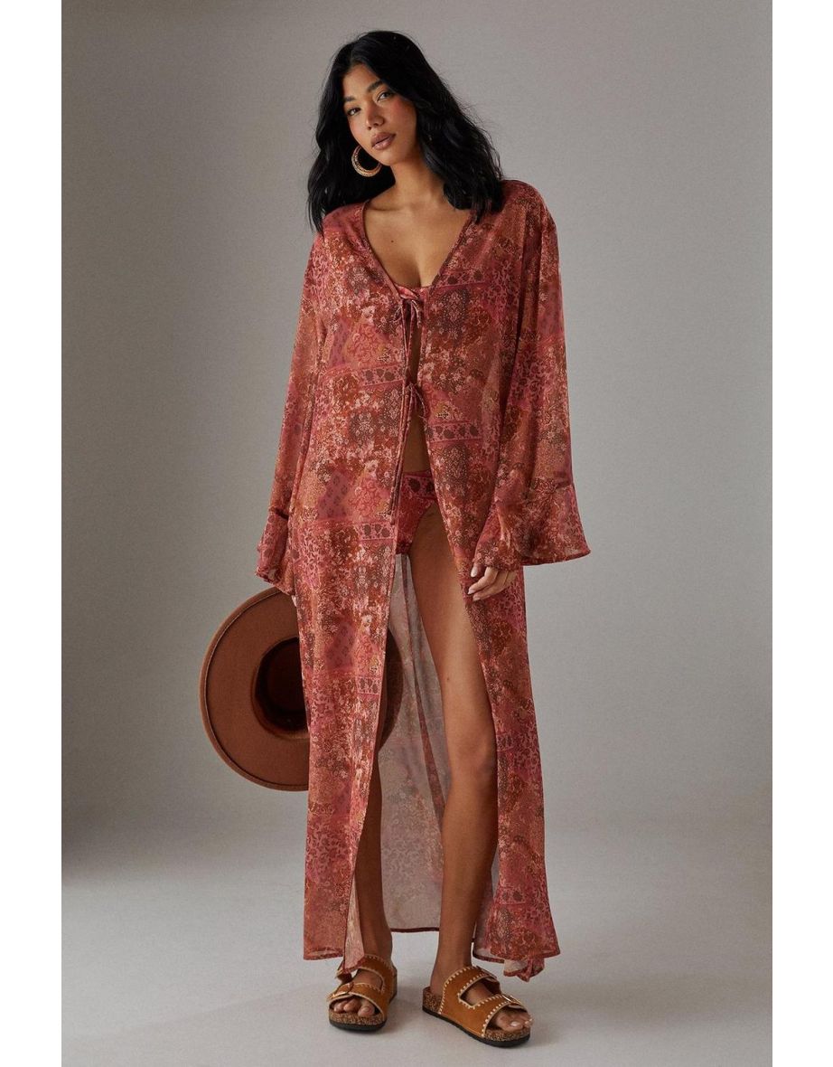 Printed Maxi Tie front Kimono