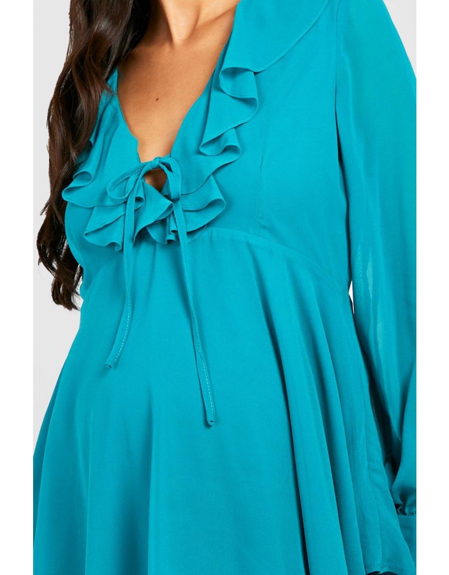 Maternity Ruffle Tie Front Smock Top - teal - 3