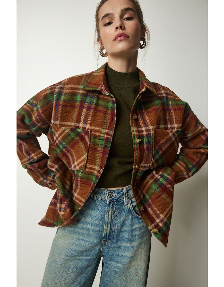 Women's Biscuit Green Patterned Oversize Cachet Lumberjack Shirt