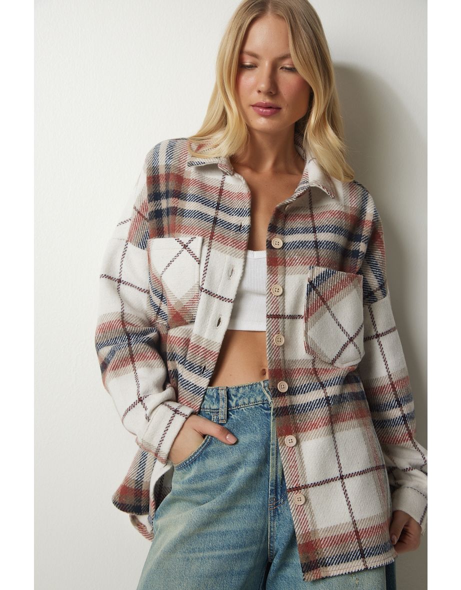 Women's Tile Cream Patterned Oversized Stamp Lumberjack Shirt - 2