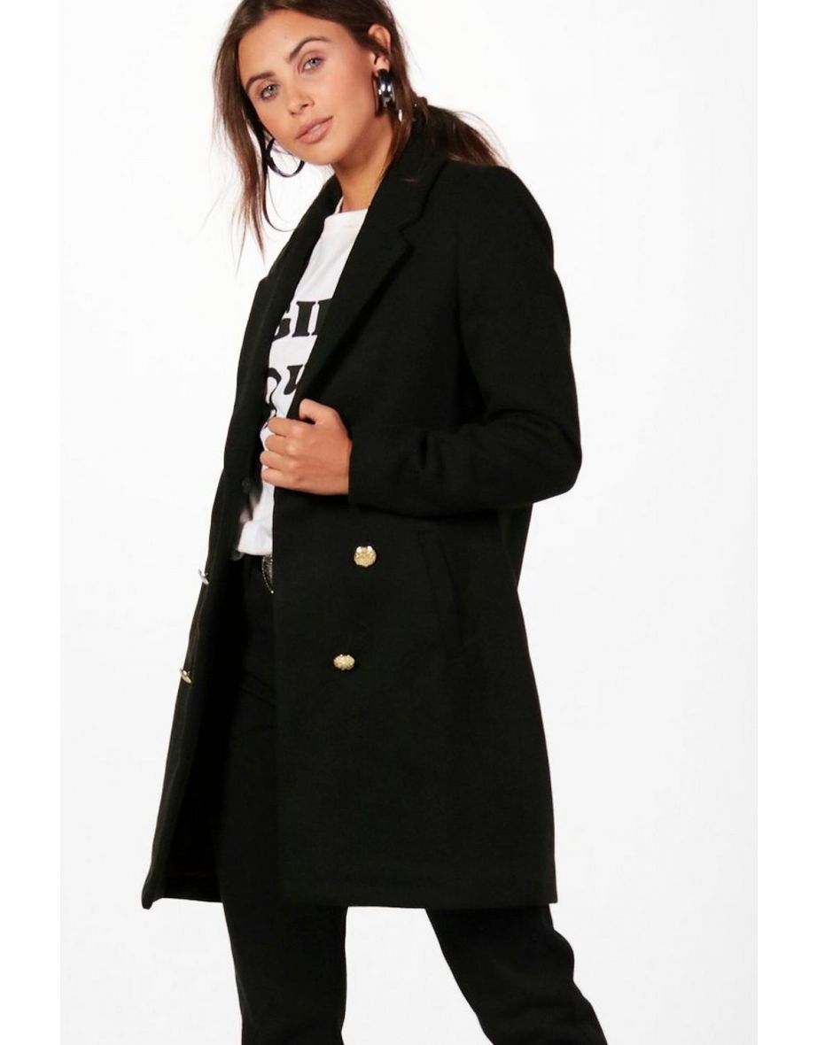 Petite Double Breasted Military Duster Coat - black