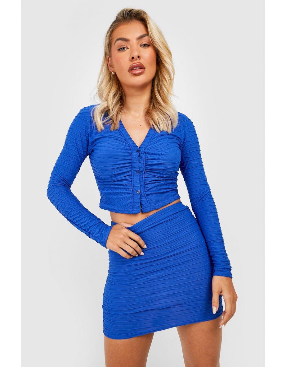 Ripple Cropped Shirt & Mini Skirt - cobalt