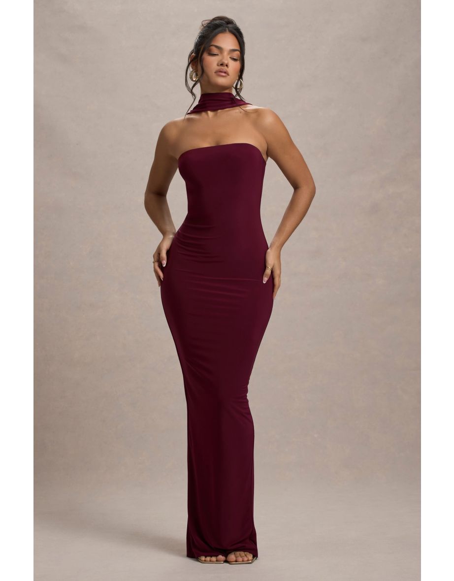 Nobu | Burgundy Bandeau Maxi Dress With Halter-Collar