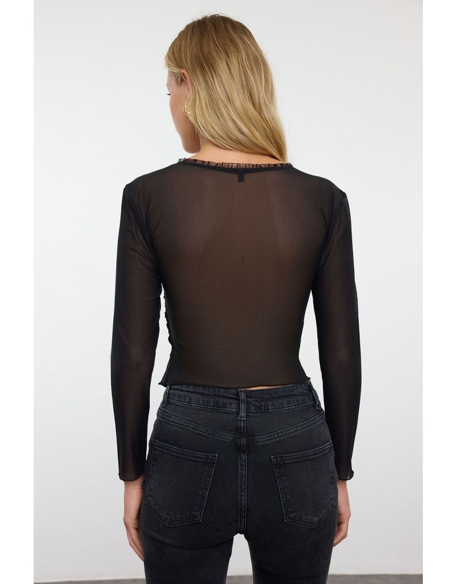 Black Bowknot Fitted/Body-Smoothing V-Neck Flexible Knitted Top - 4