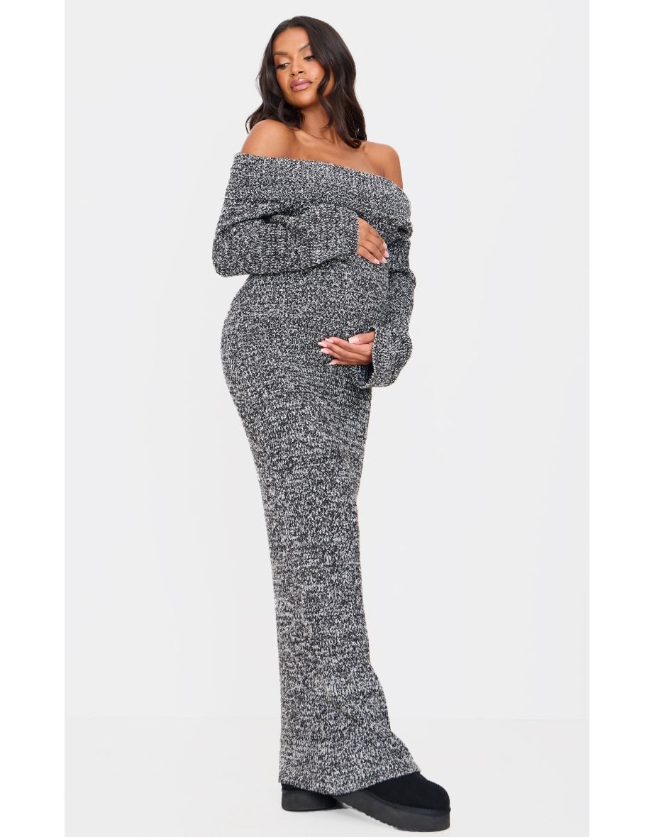 Maternity Grey Boucle Knit Long Sleeve Bardot  Dress