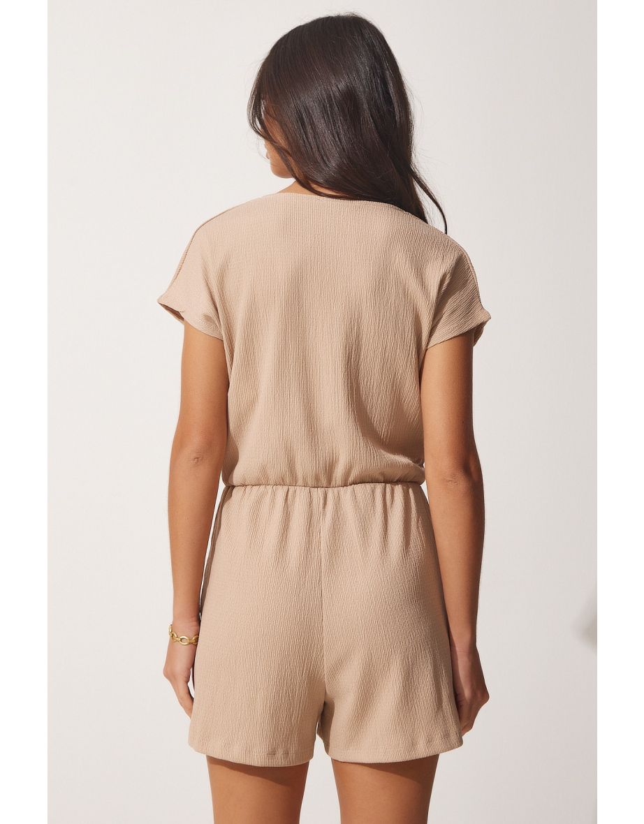 Women's Biscuit Wrapped Collar Short Knitted Overalls with Shorts - 3