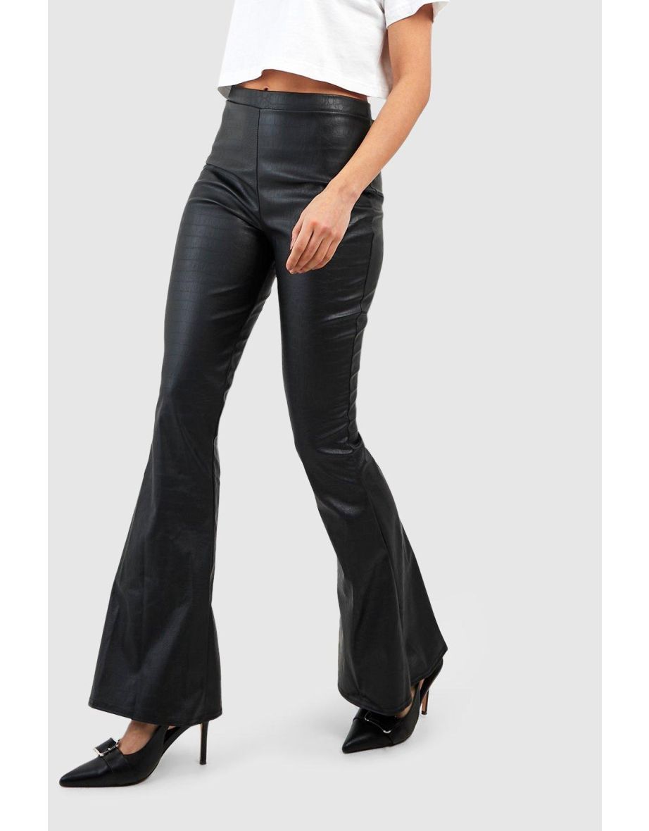 Croc Faux Leather High Waisted Flared Trousers - black - 3
