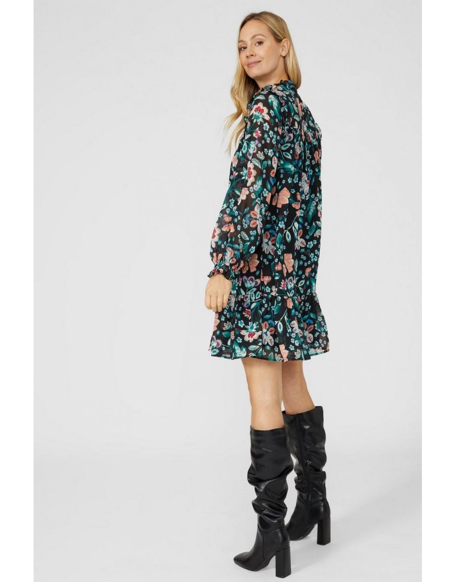Printed High Neck Tunic Dress - black - 3