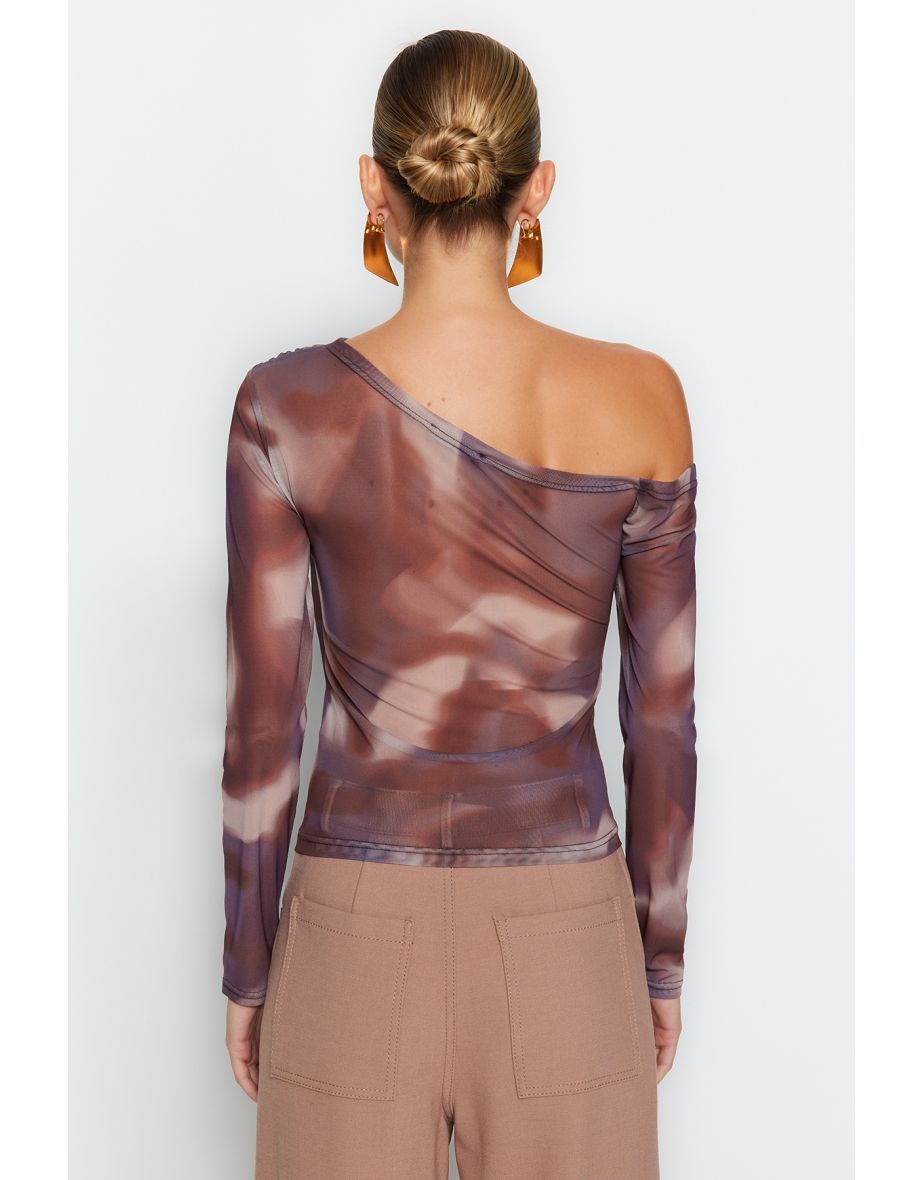 Brown Tulle Lined Asymmetrical Collar Blouse - 5